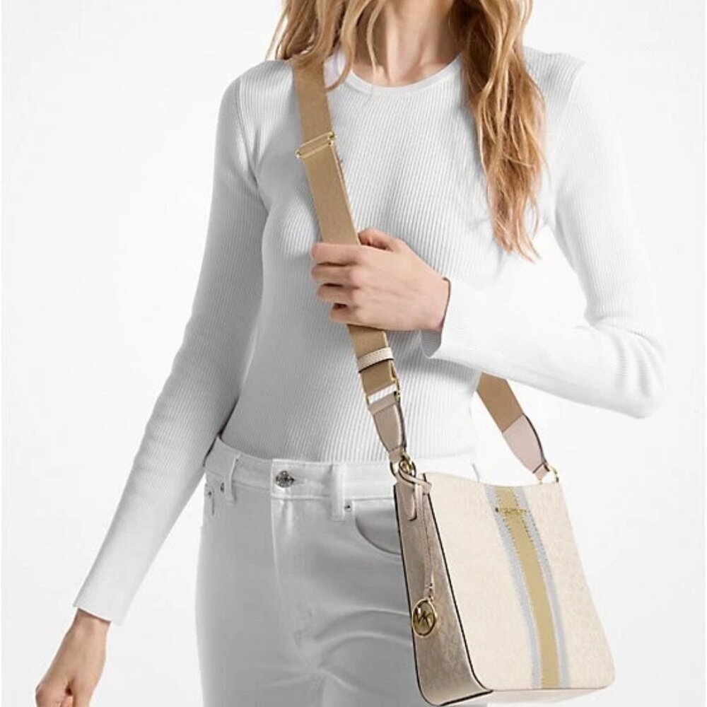 Michael Kors Jet Set Small Signature Logo Metallic Messenger Bag in Pale Gold - Picture 4 of 5